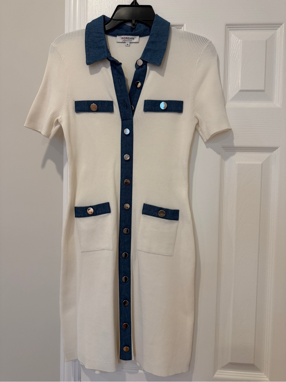 Morgan de Toi Cream Knit Mini Dress with Blue Trim